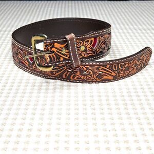 Circle Y Sunflower Distressed Filigree Red Accents Removable Buckle Leather Belt